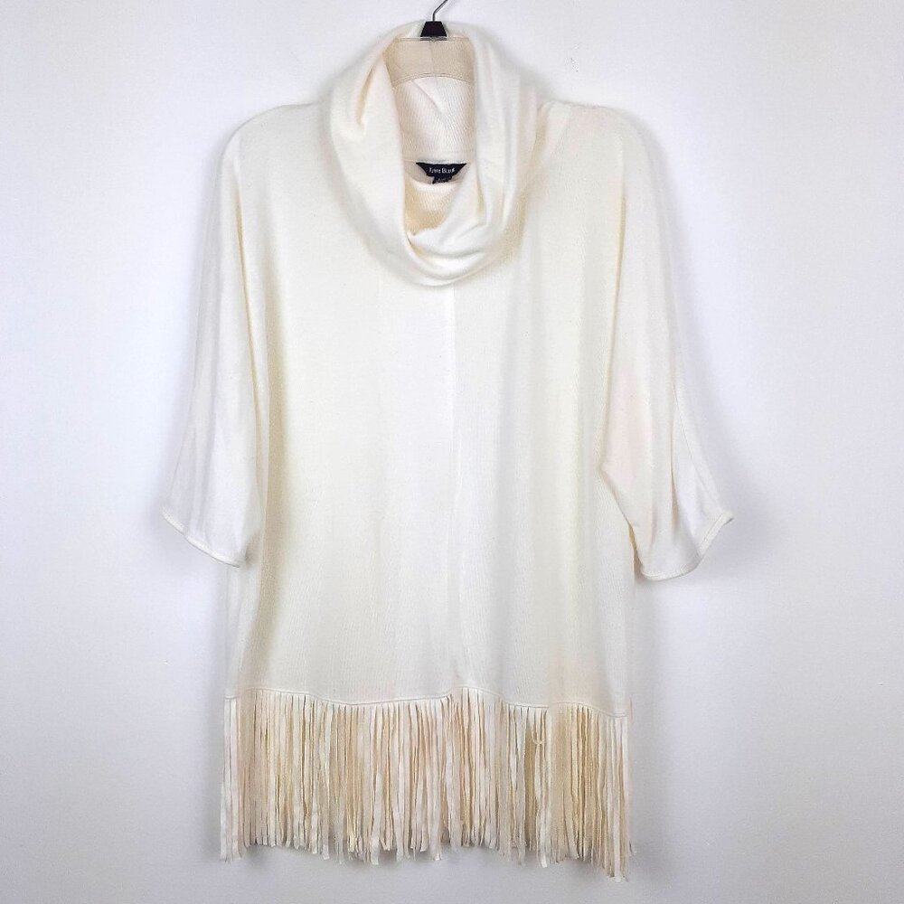 Cowl Neck Pullover Top, Size Medium. Ivory Neutral Pearl Fringes Terre Bleue